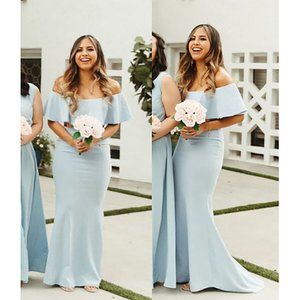 Missguided Blue Ruffle Bardot Fishtail Maxi Dress